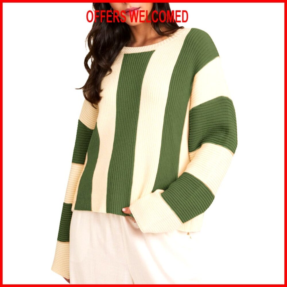 Striped Bell Sleeve Pullover Sweater Loose Color Block Crew Neck Knitwear